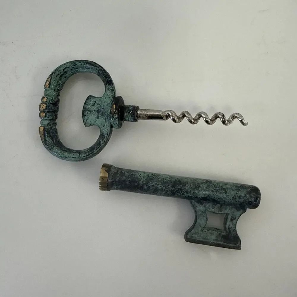 Vintage Brass Skeleton Key Wine Bottle Opener Corkscrew German Verdigris